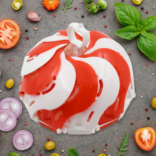 Compact lotus-shaped folding fruit basket in food-grade plastic and silicone.