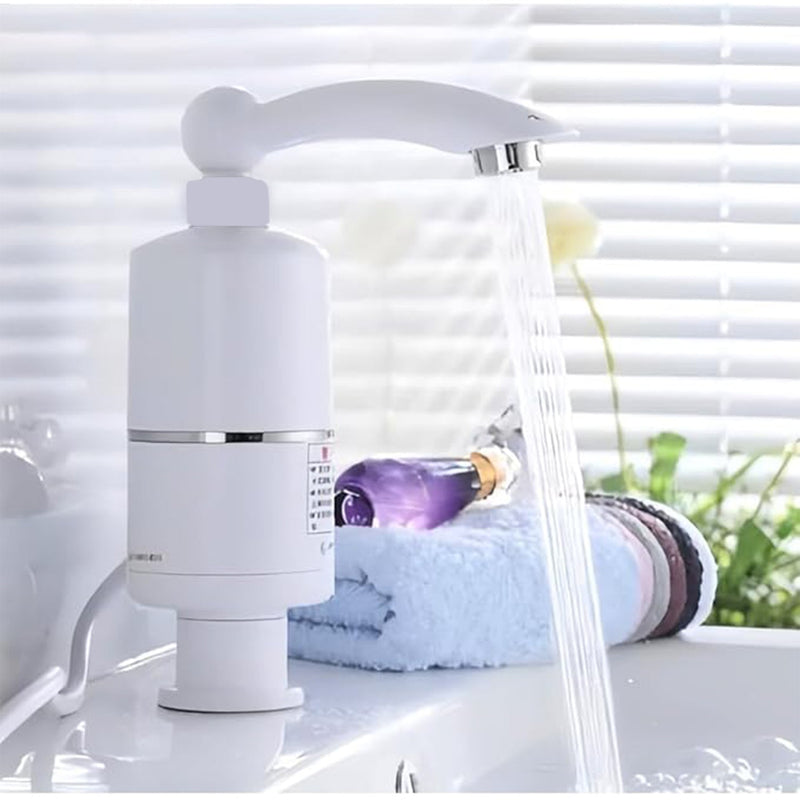Close-up view of electric water heater faucet head with temperature control
