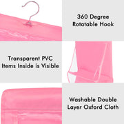 Front view of the transparent hanging bag organizer, displaying six individual compartments.