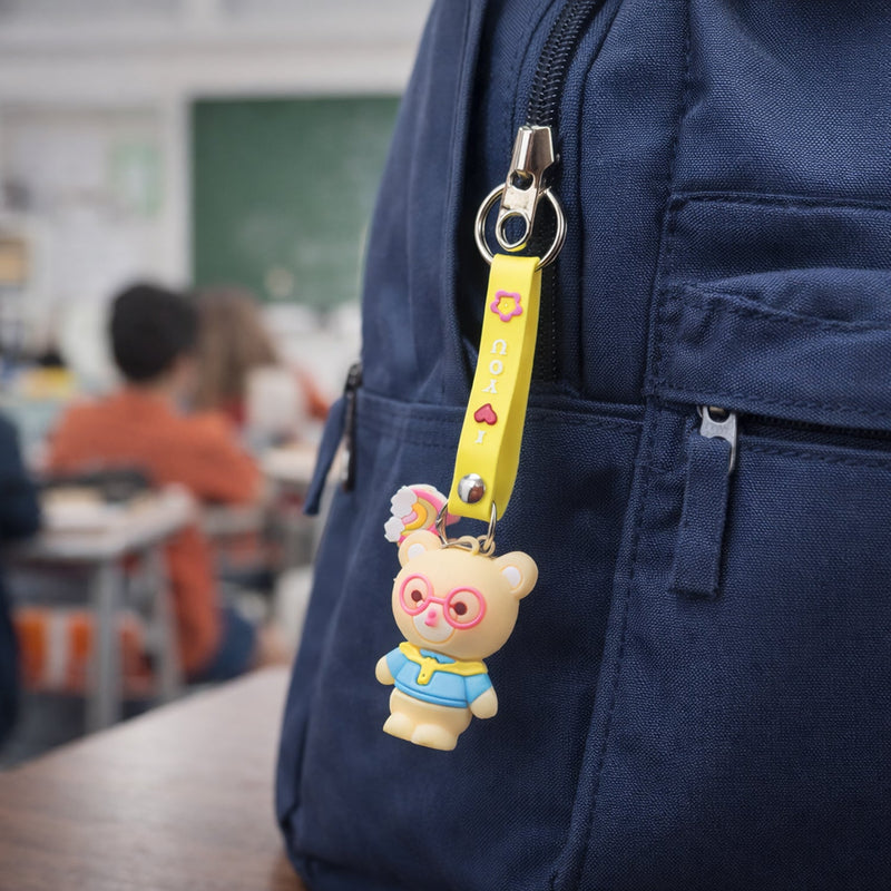 Teddy bear keychain hanging from a bag zipper, colorful and decorative charm accessory