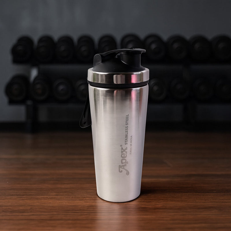 Apex branded stainless steel gym shaker bottle with measurement markings