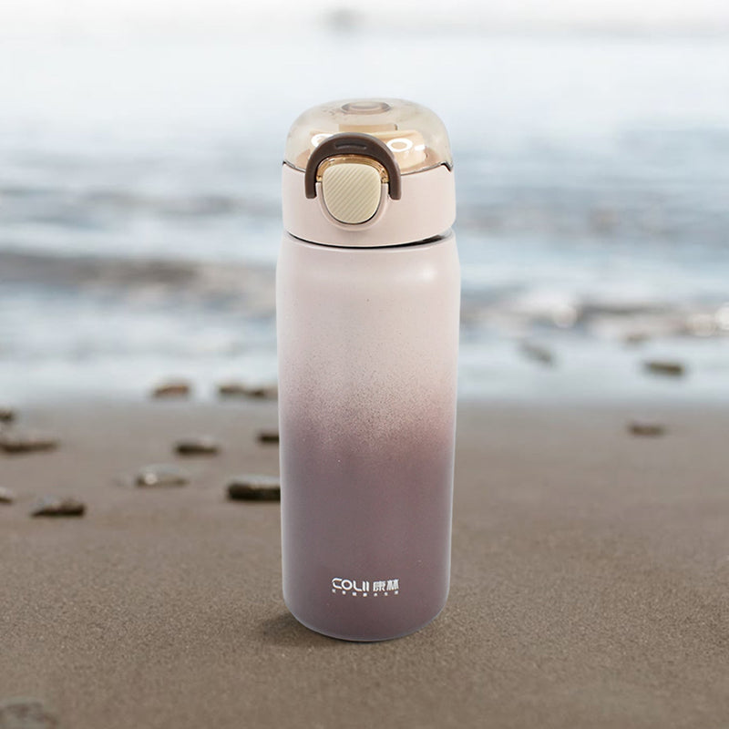 Side view of sealed stainless steel water bottle