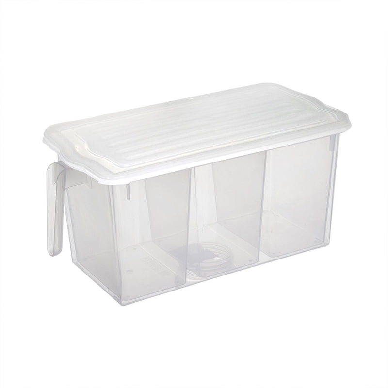 Airtight refrigerator storage box with internal dividers for various items.