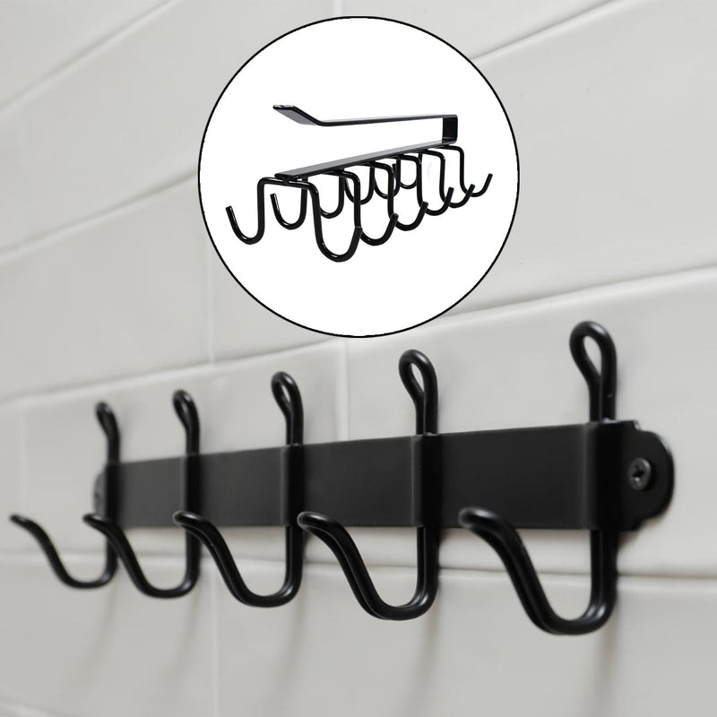 Close-up view of rust-proof iron hooks on the metal cup holder rack.