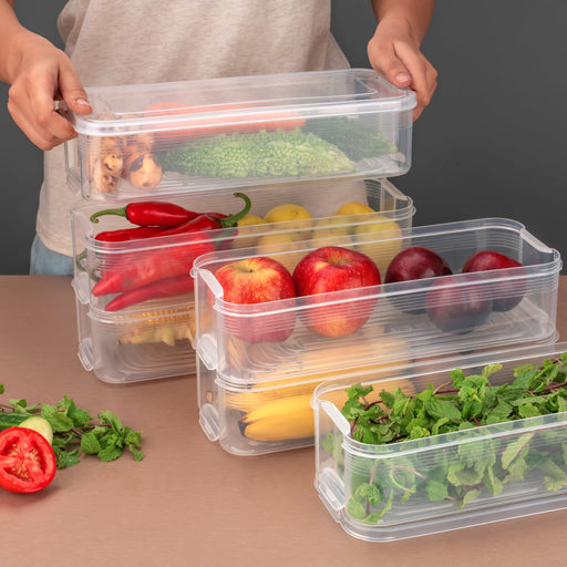 Three clear plastic fridge storage containers with blue lids, stacked neatly.