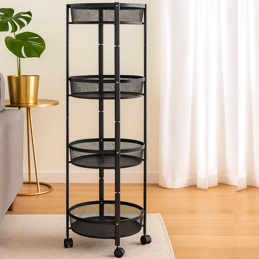 4-layer round metal mesh storage trolley with wheels and spacious baskets