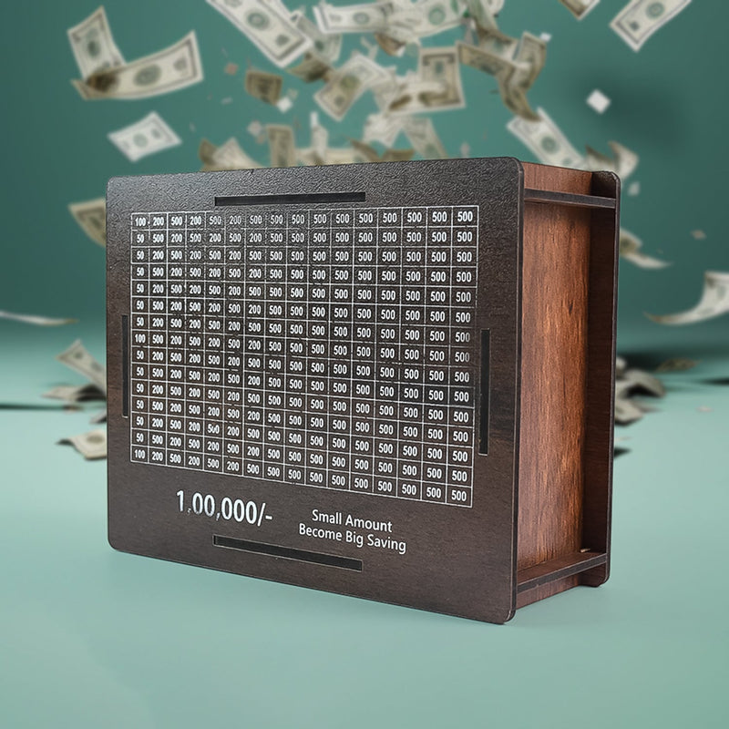 Wooden coin bank featuring a top coin slot and decorative Emoji Pan