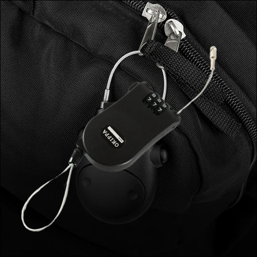 A black retractable cable lock with its wire extended, showcasing the 3-digit combination dials.