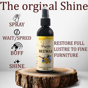 Natural wood polish spray restoring luster and shine on a wooden table surface.