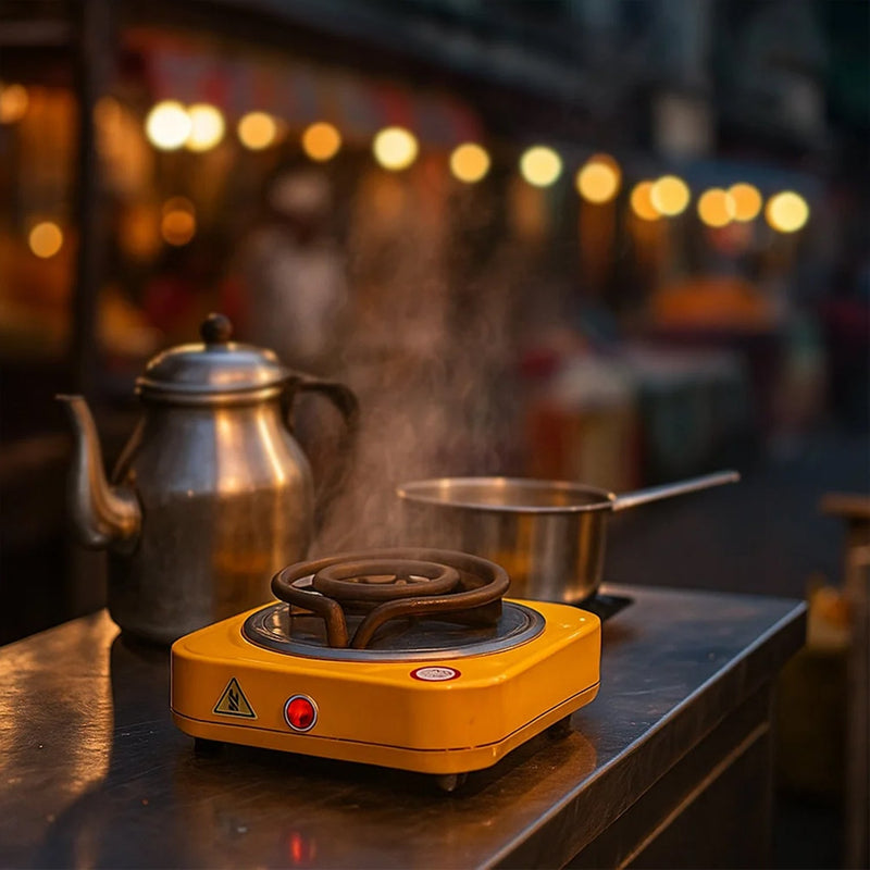 Side view of electric single coil hot plate showing heat resistant surface