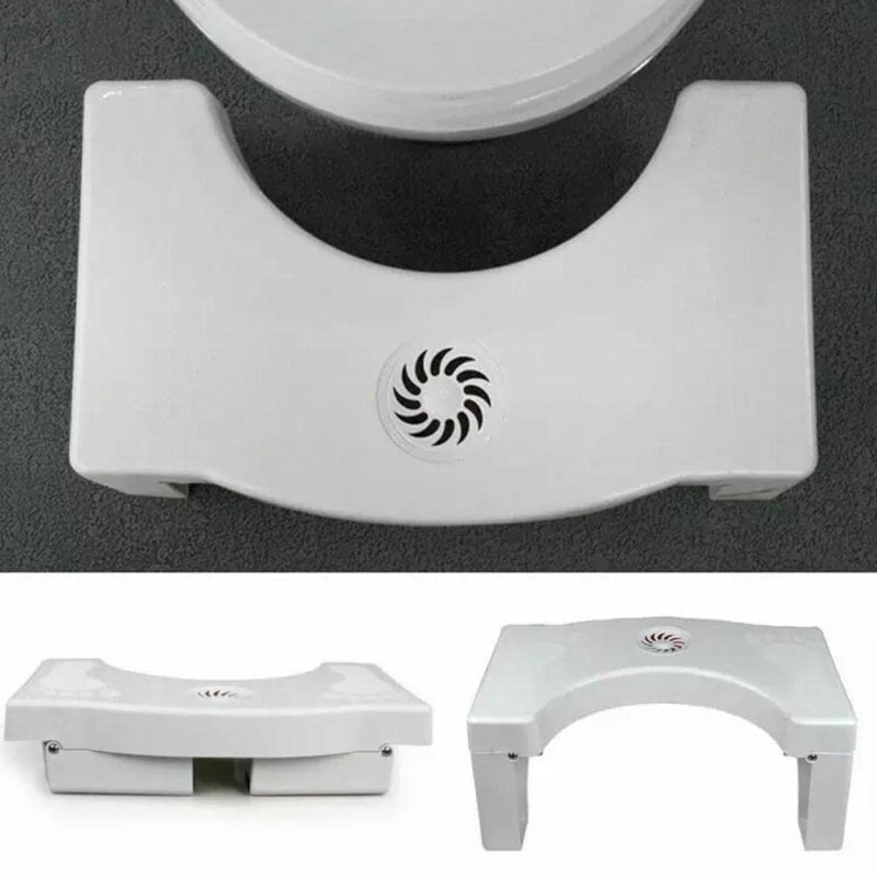 Toilet squat stool in use, highlighting its foldable design and helpful footprint guides.