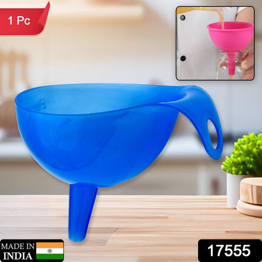 Durable plastic funnel perfectly fitting a bottle neck for spill-free liquid transfer.