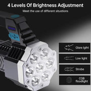 Multi-mode rechargeable LED flashlight illuminating a dark outdoor scene.