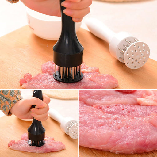 Stainless steel meat tenderizer tool with multiple sharp needles, shown in use.