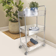 Close-up of transparent plastic baskets on 3-layer storage trolley