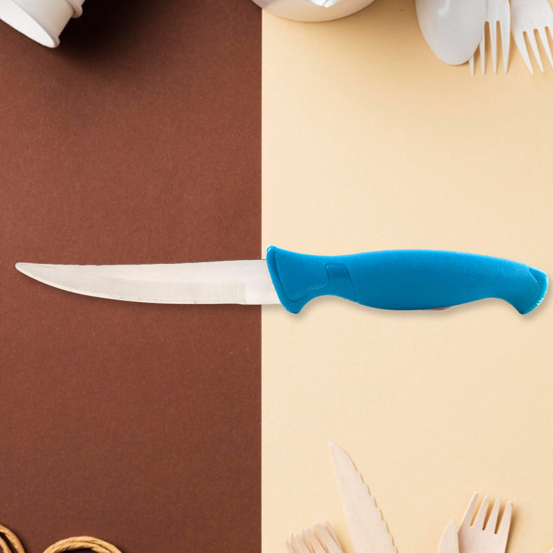 Close-up of durable stainless steel kitchen knife blade and handle