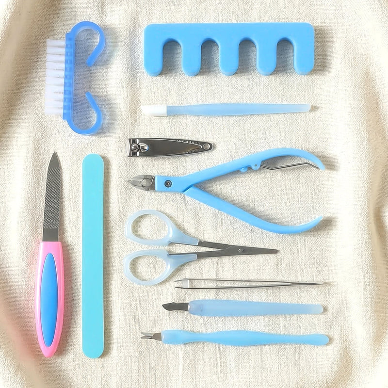 Manicure and pedicure grooming tool set with cleaning brush