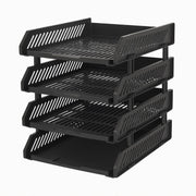 Side view of the four-layer desktop storage rack holding office files.
