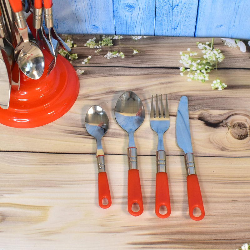 Detailed view of the polished stainless steel dessert spoons and forks from the 26-piece cutlery set.
