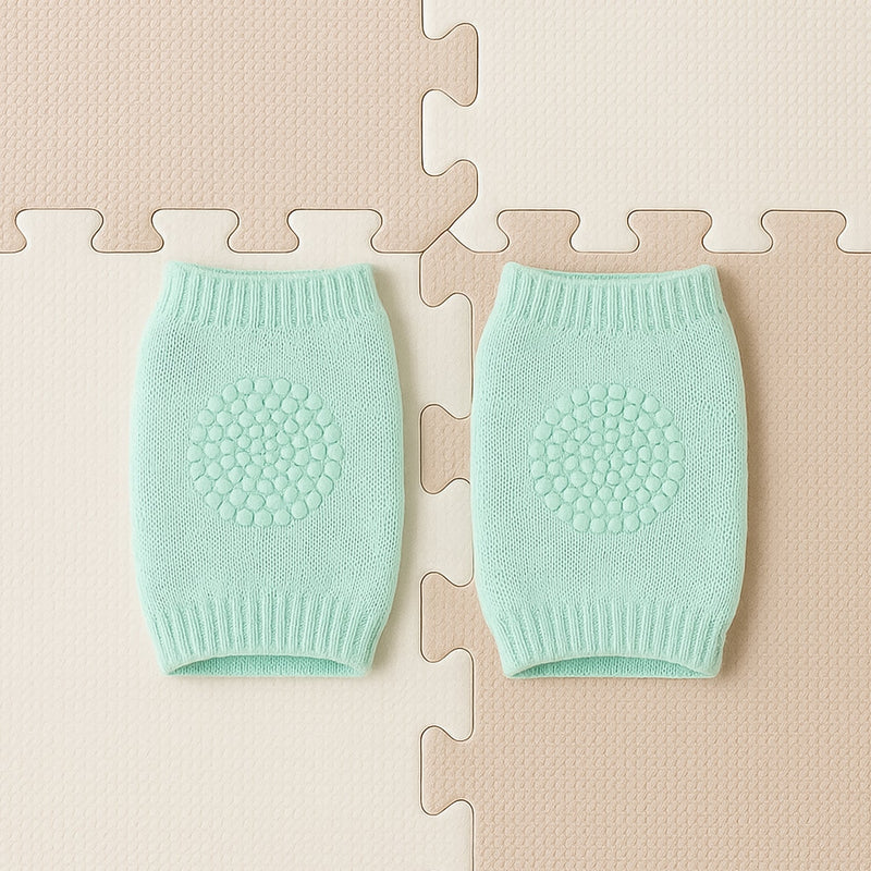 Close-up of soft mint green wool toddler knee protector leg warmers