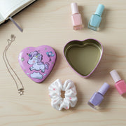 Trinket storage tin box shaped like a heart with unicorn illustration