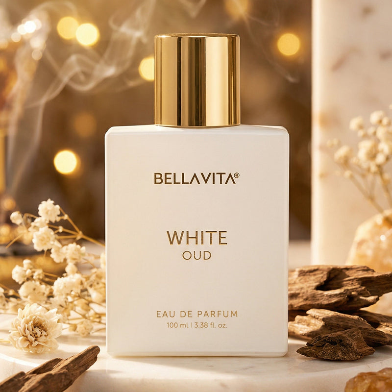 Elegant white perfume bottle with golden details