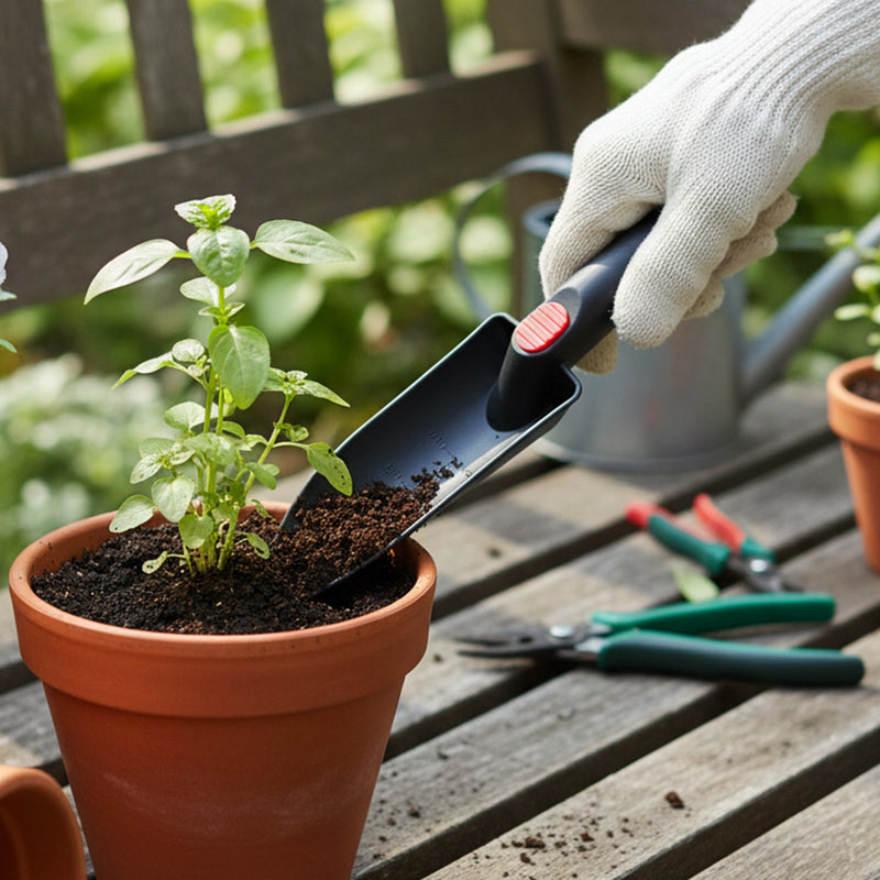 Compact gardening trowel suitable for pots and beds