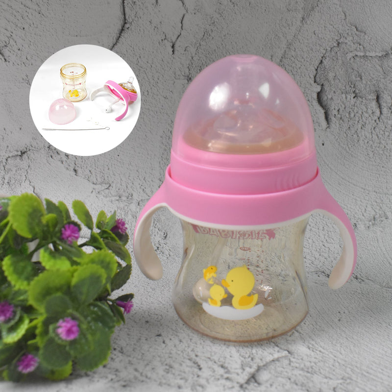 Leakproof baby bottle featuring a soft silicone nipple and easy-grip handles.