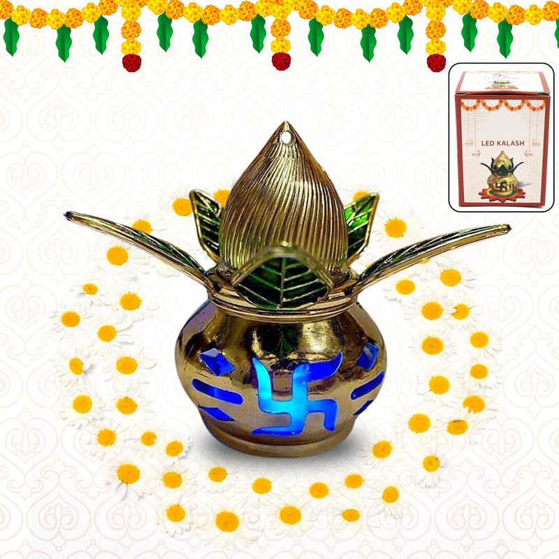 Gold plated LED Kalash glowing with multicolor light, perfect for Pooja Mandir decor.