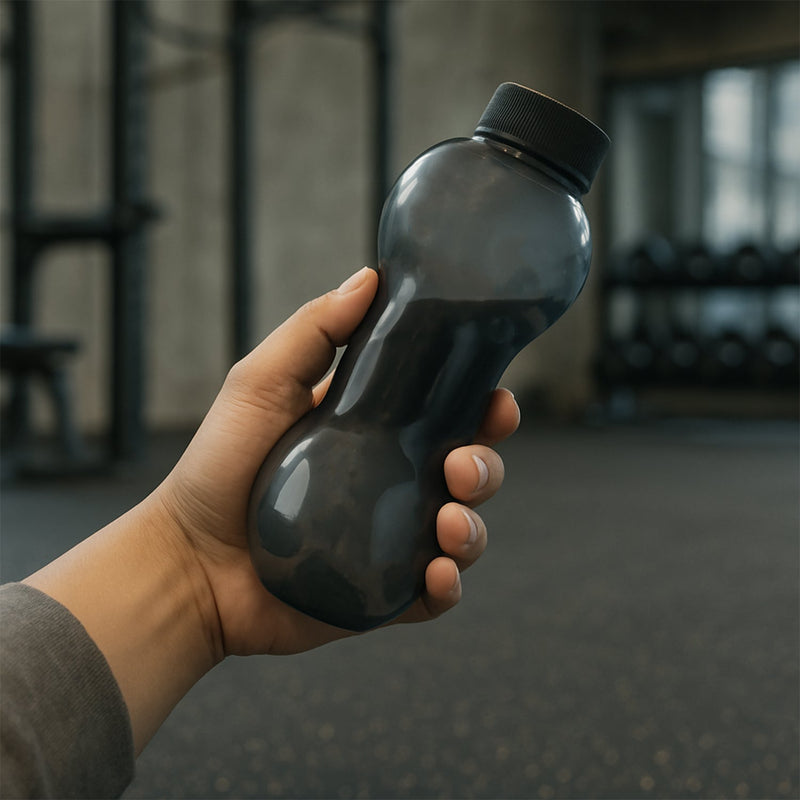 A 550ml dumbbell water bottle filled with water, placed next to gym equipment for active hydration.