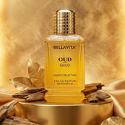 Front view of Bellavita Oud Gold perfume bottle with stylish design