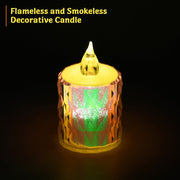Smokeless LED tea light candles illuminating a traditional Indian decor setup.