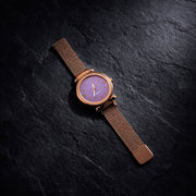 Close-up of analog dial on ladies wrist watch for easy time reading