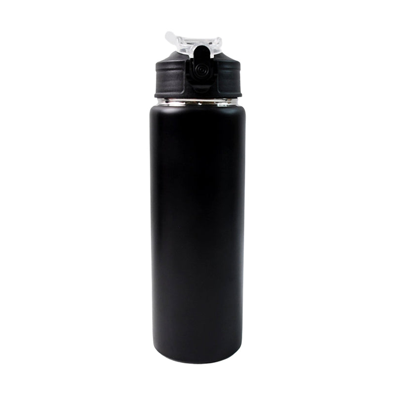 Portable stainless steel sports water bottle in sleek matte black