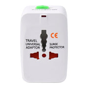 Close-up of universal travel adapter sockets and LED surge protection indicators