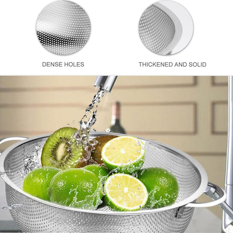 Ergonomic handle detail on the durable stainless steel vegetable colander.