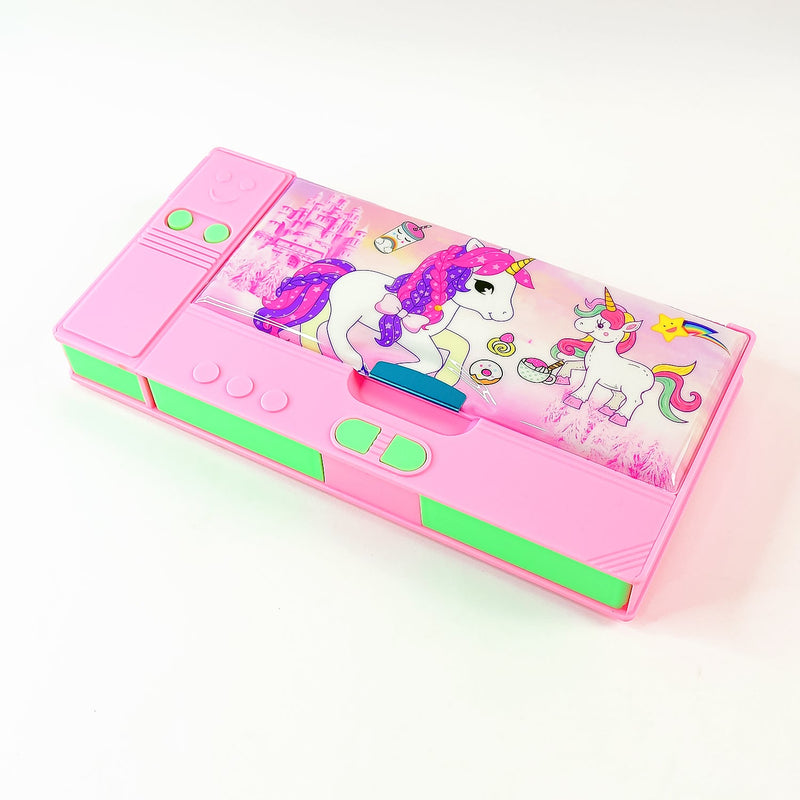 Kids' hands opening the multi-compartment Jumbo Geometry Box, ready for school use.