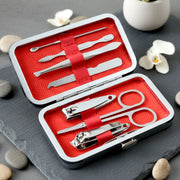Complete manicure and pedicure grooming kit showing all stainless steel tools