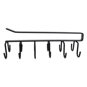 Side profile of sturdy black iron double-row cup holder rack.