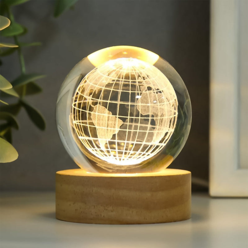 Detailed view of the illuminated crystal sphere, showcasing its captivating 3D design.