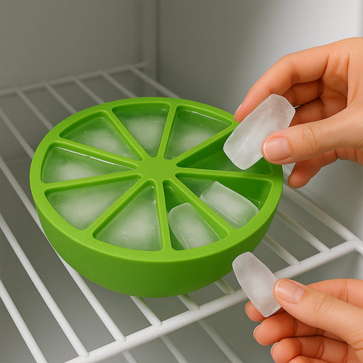 Flexible silicone ice cube tray making lemon-shaped ice cubes perfect for cocktails