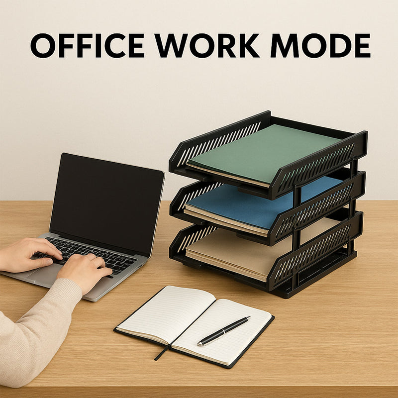 Multifunctional file rack neatly holding magazines and office supplies.