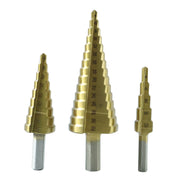 HSS steel step drill bits effectively creating clean holes in wood and metal materials.