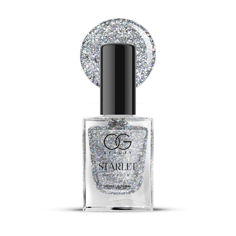 OG Beauty Starlight Silver Nail Polish showing glossy glitter nail color