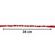 Close-up of red rakhi with beads and pearl accents
