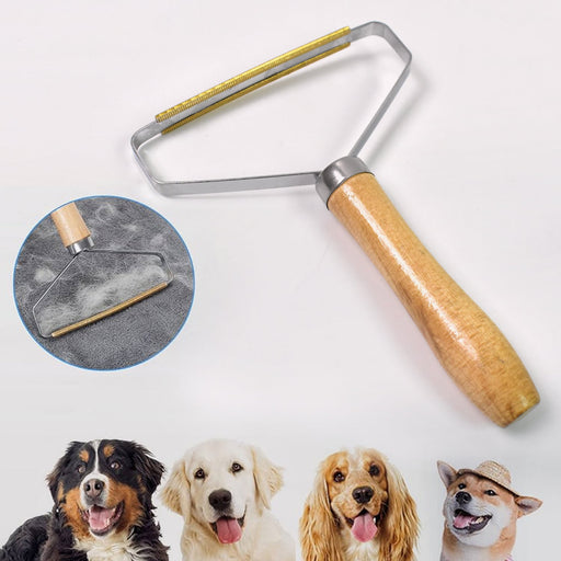Portable double-sided lint remover with a wooden handle, ideal for clothes and upholstery.