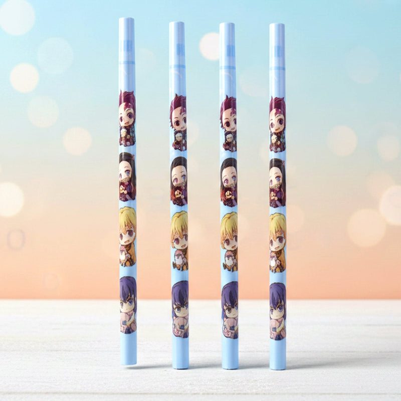 Row of cartoon printed pencils arranged neatly for children's use