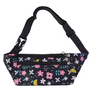 Floral belt bag showing multiple compartments zippered securely
