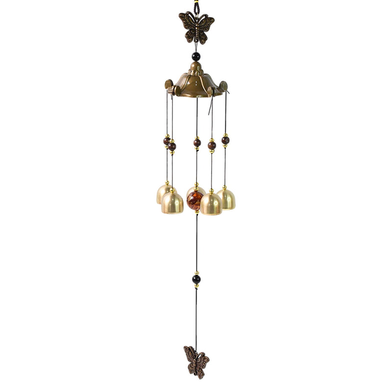 Vibrant outdoor wind bell chime hanging on porch hook