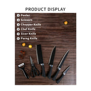 Versatile stainless steel knife set with peeler and scissors for all kitchen tasks.